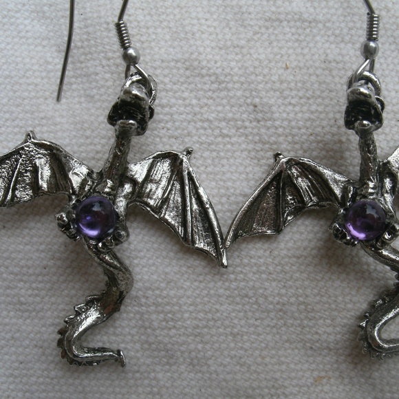 Pewter Flying Dragon Earrings Purple Sets - Picture 6 of 8